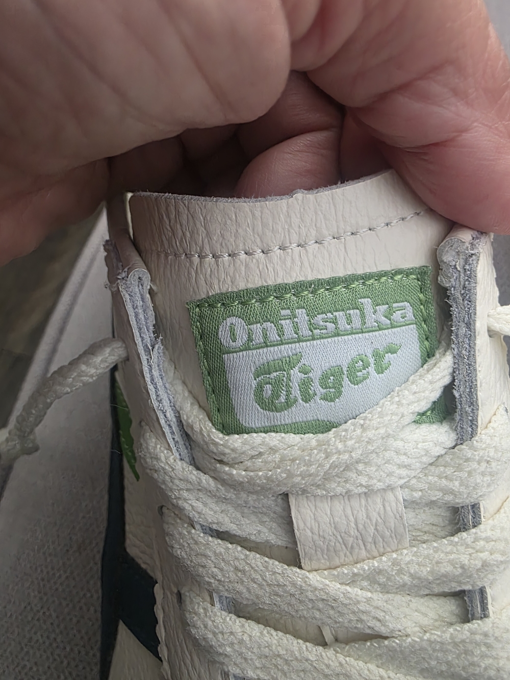 Onitsuka Tiger by Asics White Sneakers with Navy & Green Stripes Used, Size 9.5. - Picture 10 of 13